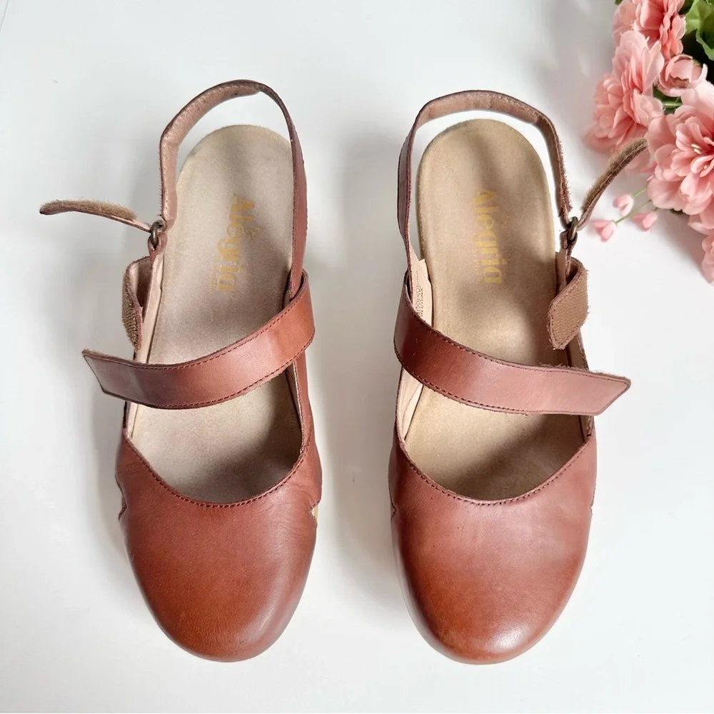 Alegria Tarah Cognac Leather Ankle Strap Wedge Shoes - Picture 7 of 16